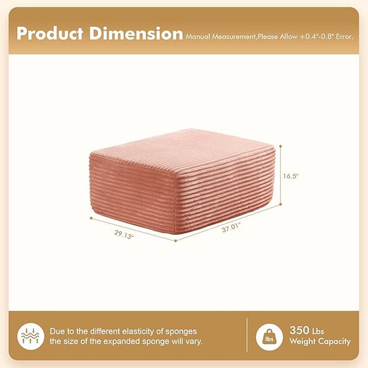 37.1" Ottoman for Couch, Plush Corduroy Memory Foam Ottoman Cloud Boneless Sectional Couch for Living Room Foot Stools No Assembly Require, Plush Corduroy,Pink
