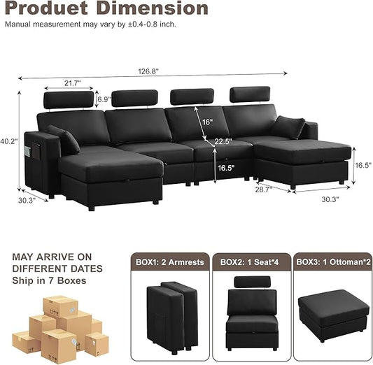 126.8" Modular Sectional Storage Sofa, Oversized Faux Leather U Shaped Couch with 2 Ottoman, Cloud Couch with Headrest & Side Pockets, Sectional Sofas for Living Room Apartment Small Spaces, Black