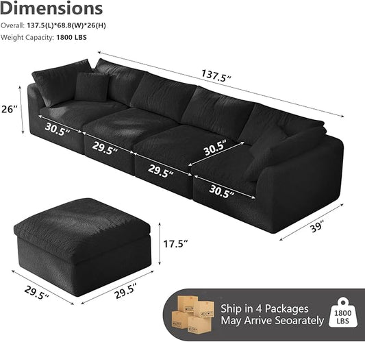 138" Boneless Cloud Couch Modular Sectional Sofa with Deep Seat for Living Room, L Shape Couch with Ottoman, Snowflake Cloth and 40D Memory Sponge,2 Throw Pillows (Black, 4 Seater+1 Ottoman)