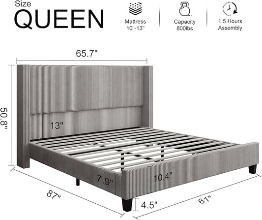 HOWE Queen Size Upholstered Platform Bed Frame, Wingback Bed with 50.8" Headboard, Corduroy/Solid Wood Leg/No Box Spring Needed/Noise Free/Taupe