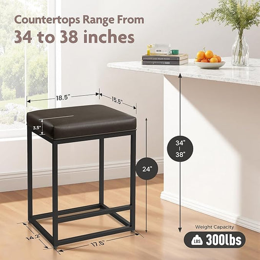 ALPHA HOME 24 Inch Counter Height Bar Stools Set of 3, Upholstered Bar Stools for Kitchen Island, Counter Stools with Faux Leather Cushion and Sturdy Metal Frame, Modern Barstools, Grey