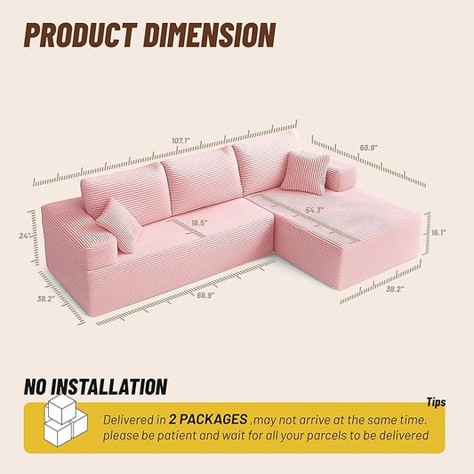 107" Boneless Couch with Deep Seat, Modular Sectional Sofa, Cloud Sectional Couch for Living Room, No Assembly Required, Corduroy, L-Shape Right,Pink