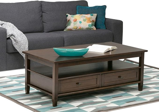 SIMPLIHOME Warm Shaker Coffee Table - 48 inch Wide Solid Wood Cocktail Table in Tobacco Brown, Transitional Living Room Table with 2 Storage Drawers and Open Shelf for Sitting Area or Lounge