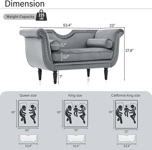 Christopher Knight Home Aurora Velvet Chaise Lounge Indoor with 2 Bolster Pillows, Upholstery Entryway Bench with Nailhead Trim & Curved Arms, End of Bed Bench Ottoman and Wooden Legs, Grey