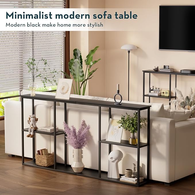 WOHOMO Black Console Table,3-Tier Small Entryway Table,Long Sofa Table for Hallway,Living Room(63 inch)