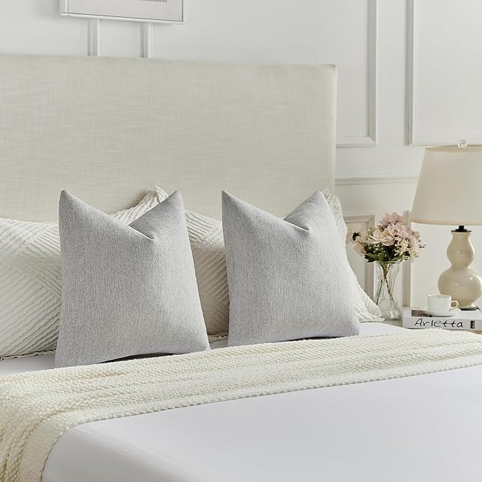 FUTEI Light Grey Chenille Decorative Throw Pillow Covers 24x24 Inch Set of 2,Soft Cozy Faux Linen Textured European Pillow Shams,Farmhouse Home Decor for Couch Living Room