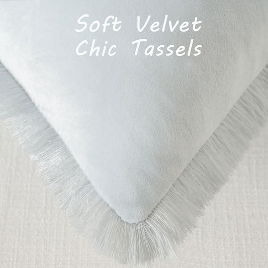FUTEI Light Blue Velvet Decorative Throw Pillow Covers 22x22 Set of 2,Soft Cozy Edge with Tassels Cushion Case,Boho Modern Home Decor for Couch Bed Living Room