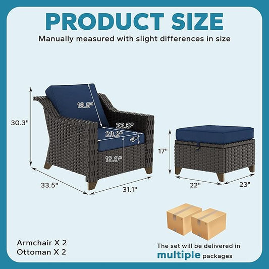 4 Pieces Patio Conversation Furniture Set - 2 Chairs with Ottomans Set of 2, Outdoor Wicker Armchairs with Water-Resistant and Washable Cushions for Porch, Balcony, Sunroom (Navy Blue)