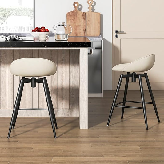 COSTWAY Bar Stools Set of 2, 25" Upholstered Counter Height 360° Swivel Bar Stools w/Backrest & Footrest, Heavy-Duty Metal Frame Armless Breakfast Chairs for Kitchen, Living Room (Set of 2,Beige)
