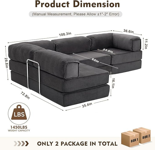 108" L Shaped Couch, Modular Sectional Sofa with Chaise, Cloud Boneless Couch with Deep Seat & Removable Pillow for Living Room, Bedroom,No Assembly Required(Grey)