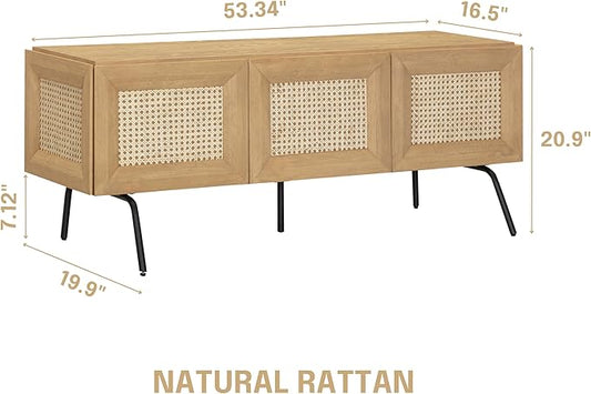 NTC Mossic TV Media Cabinet with 3 Doors for TVs, Entertainment Center with Natural Rattan, Metal Legs, Modern Storage Console for Living Room and Bedroom, Effortless Assembly, Sand