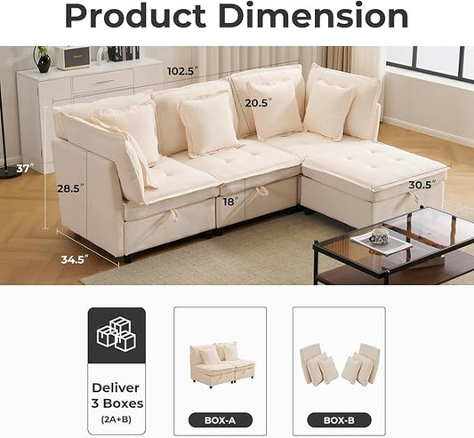 103" Modular Sectional Sofa, L-Shaped Corduroy Comfy Sectional Couches for Living Room, 3-Seater Cloud Couches with 1 Ottoman, Modern Deep Seat Sofa with Large Storage, Beige
