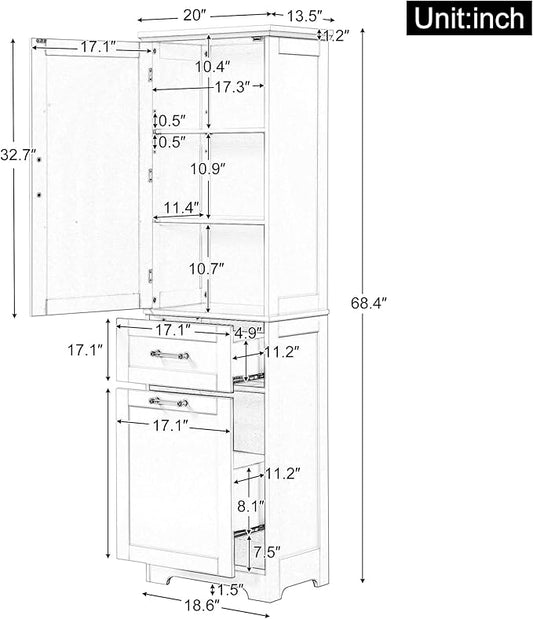 Tall Bathroom Storage Cabinet, Freestanding Storage Cabinet with 1 Door, 2 Different Size Drawers for Bathroom Living Room (White)