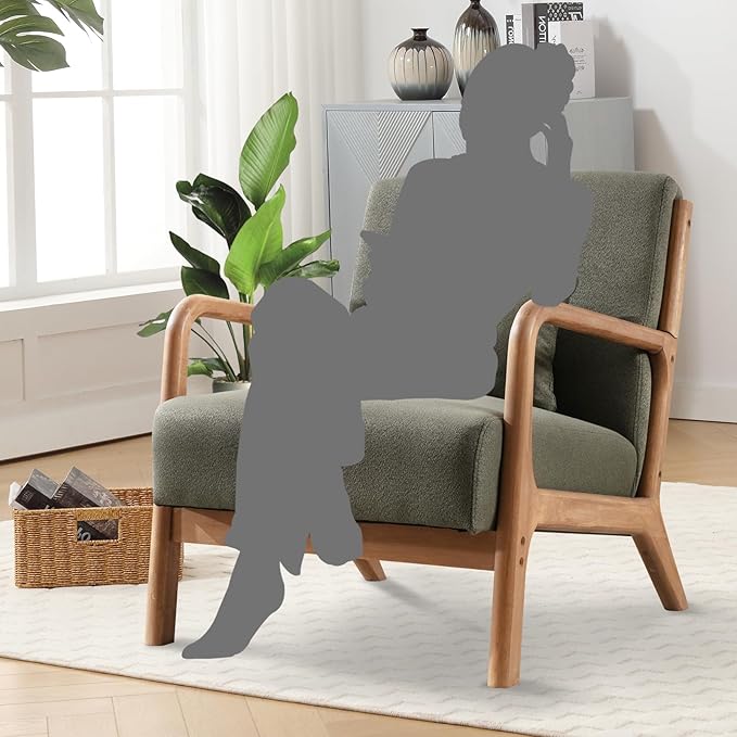 Accent Chair Mid Century Modern Chair Linen Fabric Living Room Chairs with Solid Wood Frame Comfy Upholstered and Lumbar Pillow Reading Side Chair Easy Assembly for Bedroom Room (2, Linen Green)