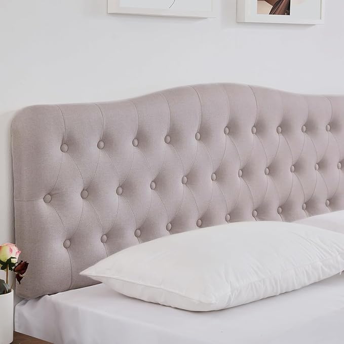 Upholstered Queen Headboard, Button Diamond Tufted Headboard with Adjustable Height and Solid Wood Leg, Linen Fabric Padded Headboards for Queen Size Bed, Mordern Head Board, Beige