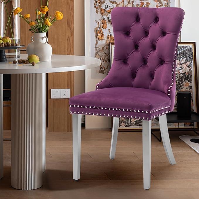 Velvet Upholstered Dining Chairs Set of 8, Modern Kitchen Side Chairs with Nailhead Trim and Silver Plated Leg, Metal Pulling Ring for Dining Room Living Room(Purple-Silver Plated Leg)