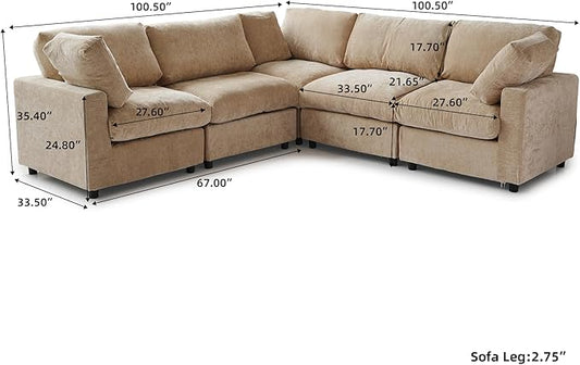 WJShome V Shaped Sectional Couch 100 Inch 5-Seater Modern Modular Sofa,Chenille Deep Seat Couches for Living Room, Bedroom and Apartment,Khaki