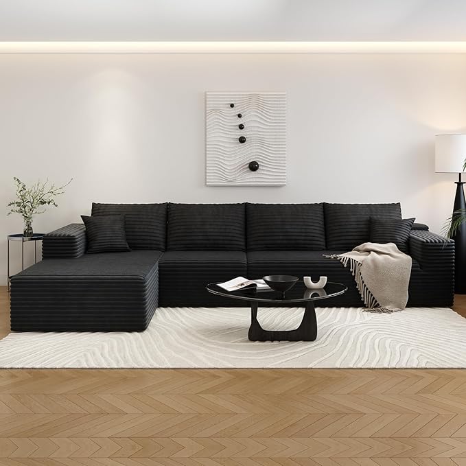 135.4" Cloud Sectional Couch with L-Shape Chaise,Modern Modular Sofa with Deep Seat, Upholstered Couches for Living Room Bedroom Apartments,No Assembly Required, (Black,Left Facing Chaise)