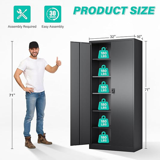 SISESOL Metal Storage Cabinet with 2 Doors and 6 Shelves,71" Lockable Garage Storage Cabinet,Black Metal Cabinets with Lock,Locking Steel Cabinets for Home,Office,Garage,Shop,School