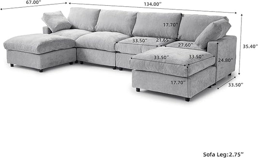WJShome U Shaped Sectional Couch 134 Inch 4-Seater with 2 Ottoman Modern Modular Sofa,Chenille Deep Seat Couches for Living Room, Bedroom and Apartment,Gray