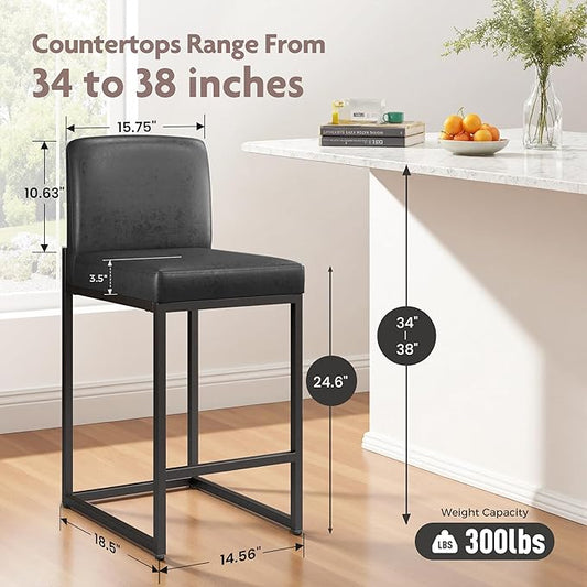 ALPHA HOME 24 Inch Bar Stools, Kitchen Counter Stools with Backs, Black Bar Stools Set of 3, PU Leather Barstools, Kitchen Stools with Back&Upholstered Footrest, Sturdy Chromed Metal Steel Frame