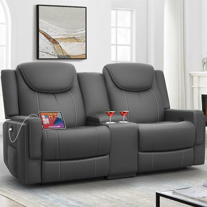 Loveseat Recliner Sofa, Gray PU Leather Double Recliner Loveseat with Console, Cup Holders, Storage & USB Ports, Ergonomics, Manual Reclining Sofa Couch for Living Room, RV