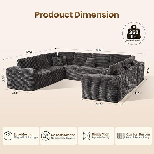Cloud Sectional Couch with Loveseat, Boneless U-Shaped Cloud Couch with Deep Seat, Soft Plush Modern Minimalist Sofa, Assembly Free Modular Floor Sofa for Office Living Room Apartment, Grey