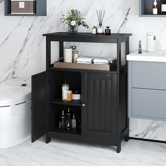 COSTWAY Bathroom Floor Storage Cabinet, Modern Wooden Freestanding Storage Organizer with 2 Doors, 3-Level Adjustable Shelf, for Entryway, Living Room, Kitchen (Black)