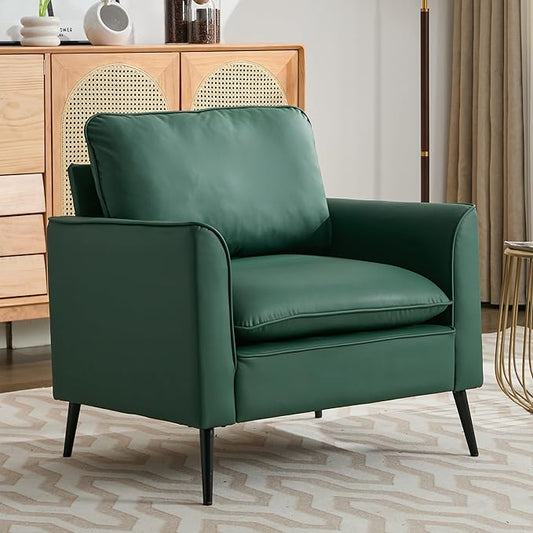 YISHENG Mid-Century Modern Living Room Accent Chairs Set of 2 - Oversized Faux Leather Armchairs with Removable Cushions & Metal Legs, Comfortable Sofas for Office/Lounge/Bedroom/Reception,Green