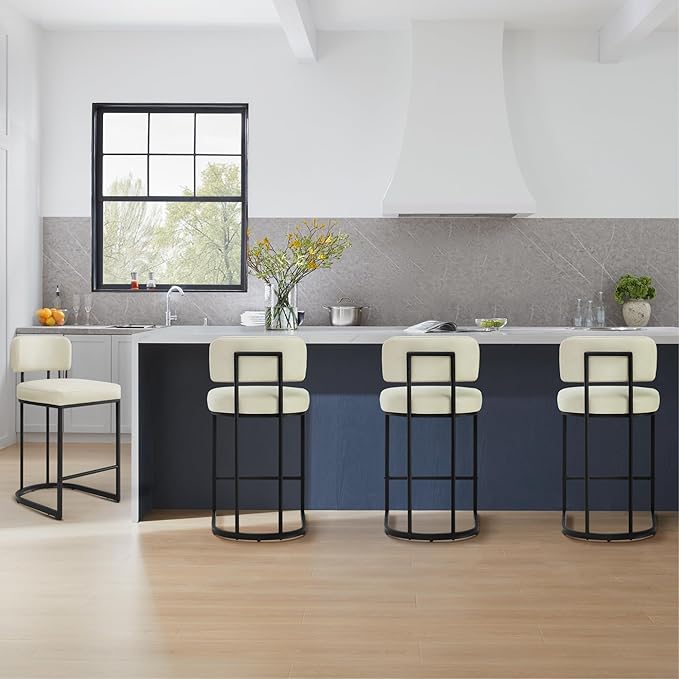 26" H Counter Height Bar Stools Set of 3, Modern Faux Leather Upholstered Barstools with Backrest for Kitchen Island, Black Metal Frames, Cream