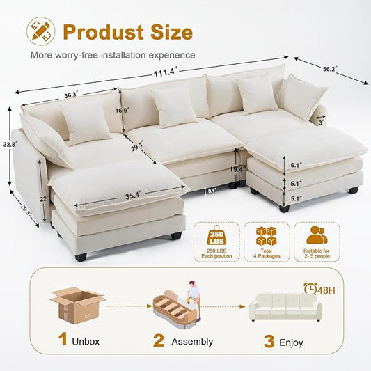 111.4" U Shaped Cloud Couch Sectional with 2 Ottoman|Modular Chenille Sofa with 29.1" Deep Seat|FSC Solid Wood Frame|Easy Assembly & 1YR Guarantee|for Living Room Bedroom Apartment
