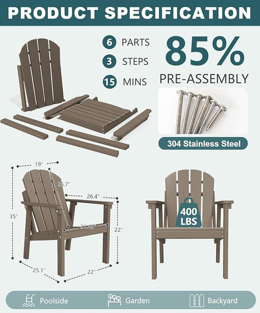Adirondack Chair Set of 4, All Weather HDPE Fire Pit Chairs, Oversized Plastic Adirondack Chair for Outdoor, Balcony, Deck, Backyard, Patio, Garden, Poolside, Lawn Brown