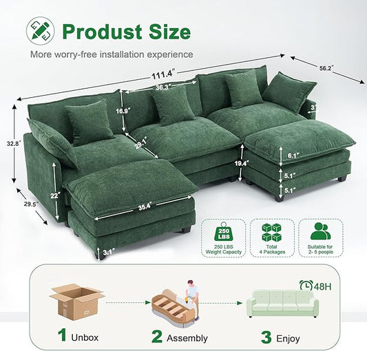 111.4" U Shaped Cloud Couch Sectional with 2 Ottoman|Modular Chenille Sofa with 29.1" Deep Seat|FSC Solid Wood Frame|Easy Assembly & 1YR Guarantee|for Living Room Bedroom Apartment