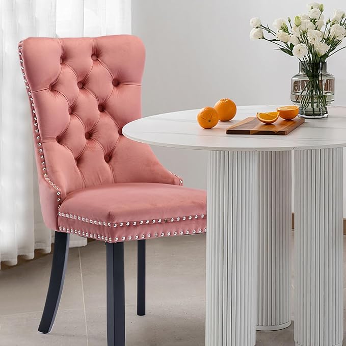 Velvet Upholstered Dining Chairs Set of 8, Modern Style Kitchen Side Chairs with Nailhead Trim and Wood Legs,Metal Pulling Ring for Dining Room Living Room(Pink)