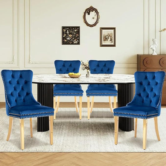 Velvet Upholstered Dining Chairs Set of 4, Modern Style Kitchen Side Chairs with Nailhead Trim and Gold Plated Leg, Metal Pulling Ring for Dining Room Living Room(Blue-Gold Plated Leg)