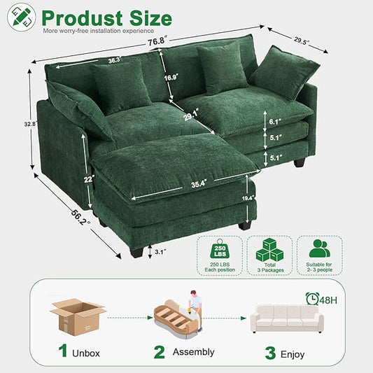 77" L Shaped Cloud Loveseat Sofa with Ottoman|3-Seat Chenille Sectional Couch with 29.1" Deep Seat|FSC Certified Solid Wood & Metal Frame|Easy Assembly & 1YR Guarantee |for Living Room Apartment