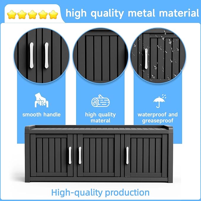 3 Doors Shoe Bench, Waterproof & UV-Resistant, Resin Shoe Cabinet Indoor & Outdoor Use, Entryway Bench with Adjustable Shelves & Hidden Storage Space for Bedroom, Hallway, Black