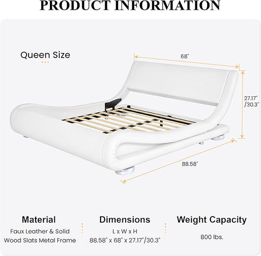 SHA CERLIN Queen Size Upholstered Bed Frame, Deluxe Low Profile Sleigh Bed with Faux Leather Ergonomics Headboard, No Box Spring Needed & Easy Assembly, White