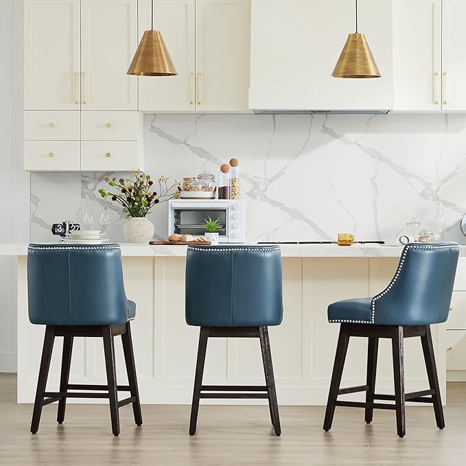 CHITA Counter Height Swivel Bar Stools, FSC Certified Upholstered Counter Stools, Modern Swivel Barstools with Wood Legs for Kitchen Island, 26" Seat Height, Faux Leather in Blue