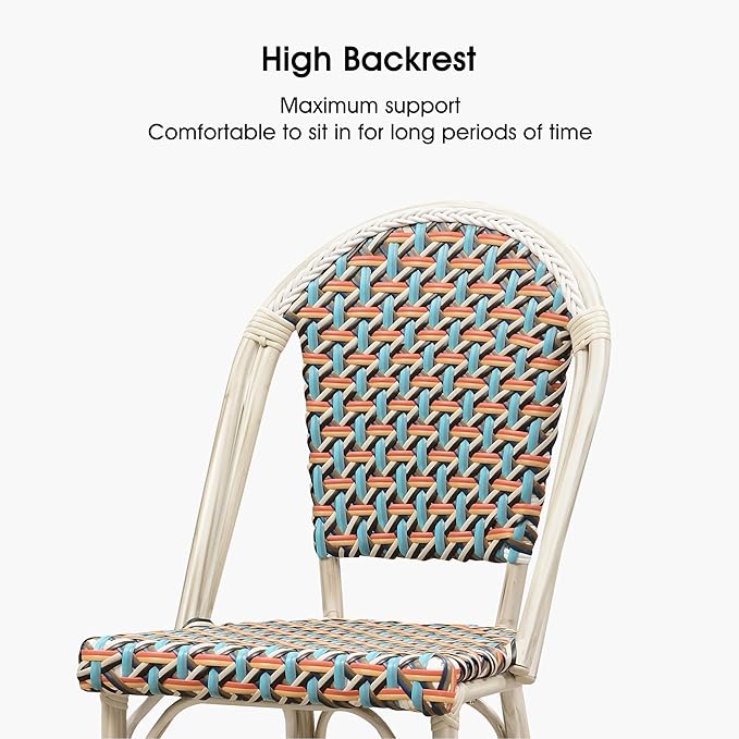 PURPLE LEAF French Bar Stool Set of 4 White Print Finish Patio Bar Stools with Back Rattan Bar Chairs Wicker Bar Height Stool 30" with Footrest Kitchen Island Stools Outdoor Barstool Colorful