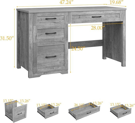Vabches Farmhouse 47" Executive Desk with File Drawer, Wood Computer Desk with 3 Storage Drawers, Workstation for Home Office, Study, Writing(Grey)