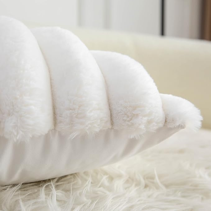 Neelvin Cream White Faux Fur Cozy Soft Striped Decorative Throw Pillow Covers 24x24 inch Set of 2,Velvet Pillowcase Cushion Case for Sofa Couch