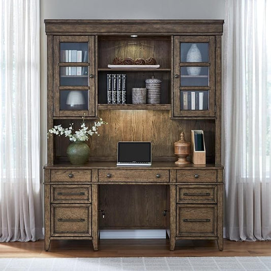 Liberty Furniture Carolina Park 5 Piece Jr Executive Set with Desk, Credenza & Hutch for Home Office- Amber Brown Oak Wood