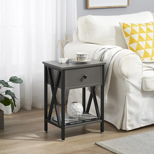 VECELO End Tables, Modern Nightstand with Drawer & Shelf, Night Stand for Bedroom Living Room,Industrial Metal Frame