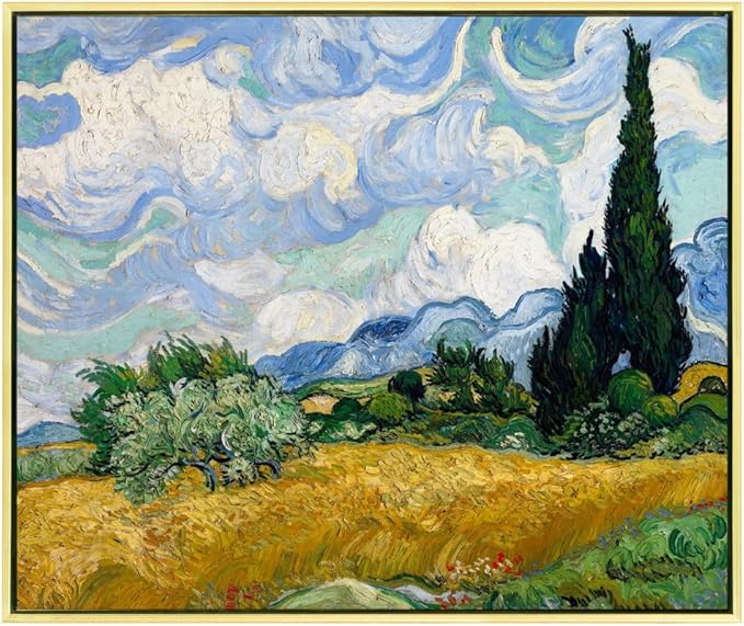 Wieco Art Framed Canvas Art Wheat Field with Cypresses by Van Gogh Impressionist Landscape oil Paintings Canvas Prints Artwork Wall Art for Living Room Home Office Decorations