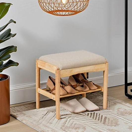latifolia Small Shoe Bench, Solid Wood Bench with Cushion, 2 Tier Shoe Storage Organizer for Entryway(Nature,17.71''L)