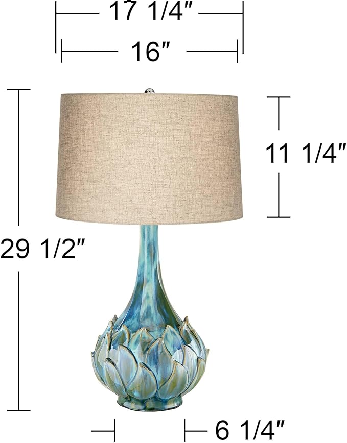 Possini Euro Design Kenya Modern Tropical Table Lamp with USB Dimmer 29 1/2" Tall Blue Green Glaze Ceramic Beige Linen Drum Shade for Bedroom Living Room House Home Bedside Nightstand Office Family