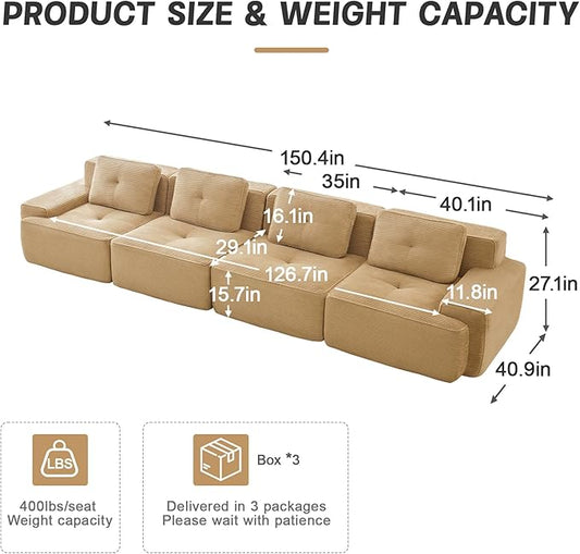 150.4” Camel Boneless Couches for Living Room, Modular Sectional Sofa, 4 Seater Comfy Upholstered Deep Seat Corduroy Fabric Cloud Couch No Assembly, Anti-Slip Design