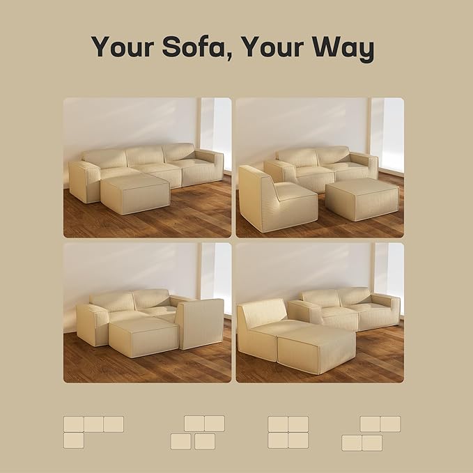 Marsail Modular Sectional Sofa, 111" L-Shaped Modular Sectional Couch with Deep Seat, Freely Combinable Sectional Clound Sofa for Living Room, No Assembly, Plush Corduroy Fabric, White