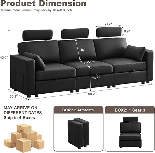 98.2" Oversized 3 Seater Storage Couch, Faux Leather Modular Sectional Sofa with Headrest & Side Pockets, Cloud Upholstered Couches Deep Seat, Sofas for Living Room Apartment Small Spaces, Black